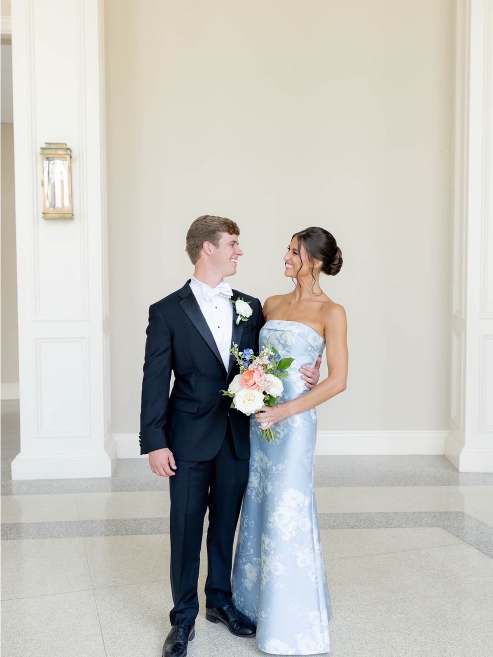 ALFRED SUNG Strapless Blue Floral Satin Wedding Gown
